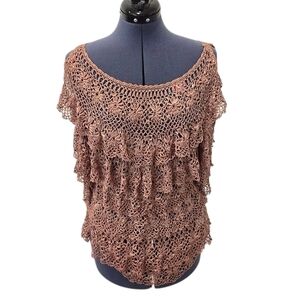 Boston Proper bronze brown layered crochet cold shoulder short sleeve top XS